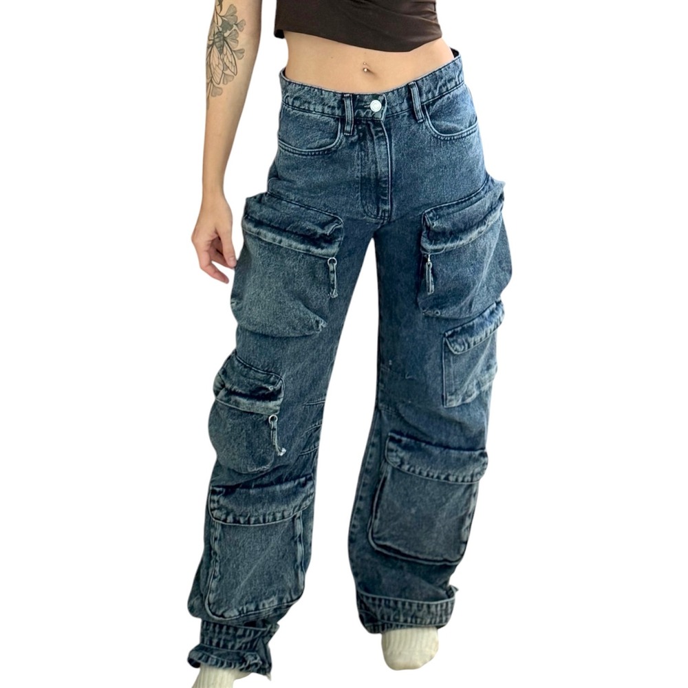 Zara Acid Wash Multi Pocket Cargo Wide Leg Jeans Size 29 Distressed